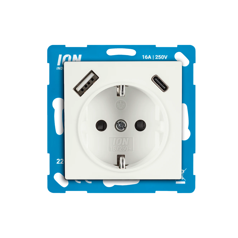 ION INDUSTRIES | WANDSTECKDOSE | RA USB A + USB C | MIT BERÜHRUNGSSCHUTZ | V1/J1 | MATTES ALPINWEISS